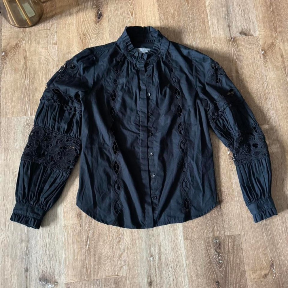 Anthropologie‎ Black Lace Eyelit Long Sleeve Button Down Collared Shirt Size S - Picture 5 of 8